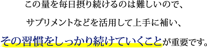この量を毎日摂り続けるのは難しいので、サプリメントなどを活用して上手に補い、その習慣をしっかり続けていくことが重要です。