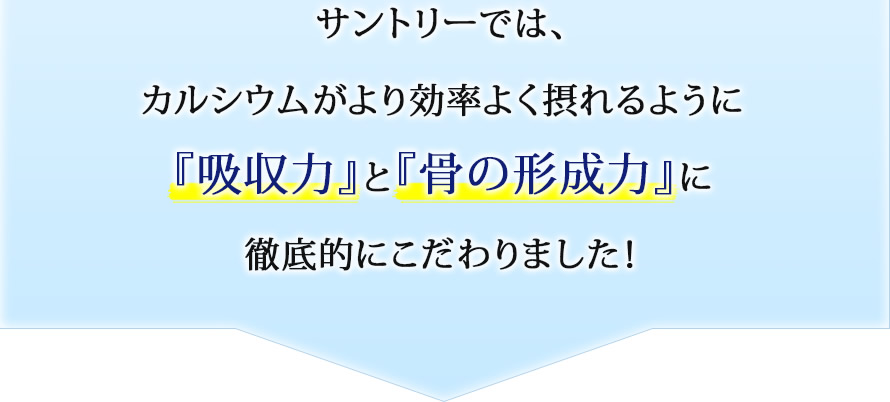 サントリーでは、カルシウムがより効率よく摂れるように『吸収力』と『骨の形成力』に徹底的にこだわりました！