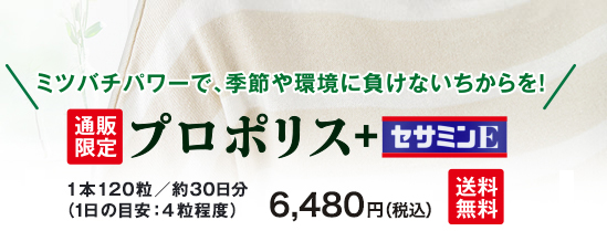 ミツバチパワーで、季節や環境に負けないちからを！　通販限定プロポリス＋セサミンE　1本120粒/約30日分（1日の目安：4粒程度） 6,480円(税込)　送料無料