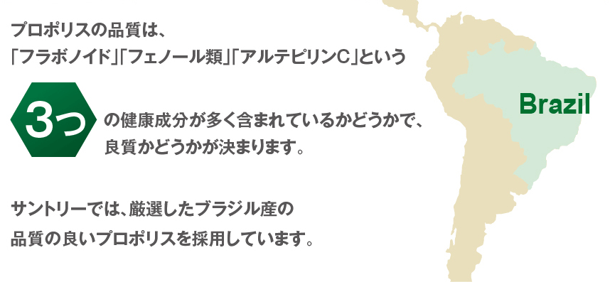 プロポリスの品質は、「フラボノイド」「フェノール類」「アルテピリンC」という3つの健康成分が多く含まれているかどうかで、良質かどうかが決まります。サントリーでは、厳選したブラジル産の品質の良いプロポリスを採用しています。