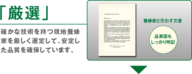 「厳選」確かな技術を持つ現地養蜂家を厳しく選定して、安定した品質を確保しています。　養蜂家と交わす文書　品質面もしっかり明記