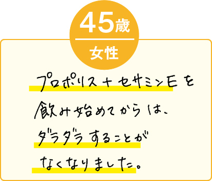 プロポリス＋セサミンEを飲み始めてからは、ダラダラすることがなくなりました。（45歳 女性）