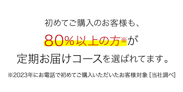 初めてご購入のお客様も、80%以上の方※が定期お届けコースを選ばれてます。 ※2023年にお電話で初めてご購入いただいたお客様対象［当社調べ］