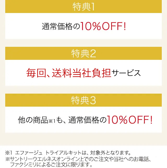 特典１　通常価格の10％OFF!　特典２　毎回、送料当社負担サービス 特典３　他の商品※１も、通常価格の10%OFF！ ※１　エファージュ　トライアルキットは、対象外となります。※サントリーウエルネスオンライン上でのご注文や当社へのお電話、ファクシミリによるご注文に限ります