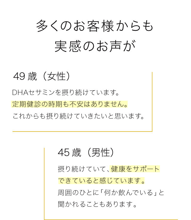 多くのお客様からも実感のお声が　49歳（女性）　DHAセサミンを摂り続けています。定期健診の時期も不安はありません。　これからも摂り続けていきたいと思います。　45歳（男性）　摂り続けていて、健康をサポートできていると感じています。周囲のひとに「何か飲んでいる」と聞かれることもあります。