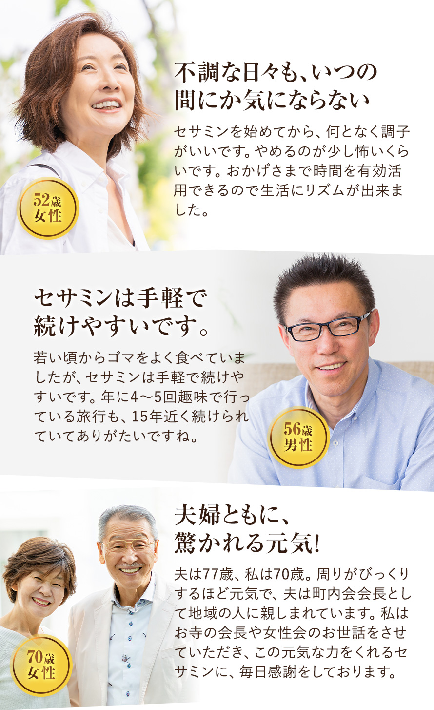 不調な日々も、いつの間にか気にならない セサミンを始めてから、何となく調子がいいです。やめるのが少し怖いくらいです。おかげさまで時間を有効活用できるので生活にリズムが出来ました。 52歳：女性　セサミンは手軽で続けやすいです。 若い頃からゴマをよく食べていましたが、セサミンは手軽で続けやすいです。年に4～5回趣味で行っている旅行も、15年近く続けられていてありがたいですね。 56歳：男性　夫婦ともに、驚かれる元気！ 夫は77歳、私は70歳。周りがびっくりするほど元気で、夫は町内会会長として地域の人に親しまれています。私はお寺の会長や女性会のお世話をさせていただき、この元気な力をくれるセサミンに、毎日感謝をしております。 70歳：女性