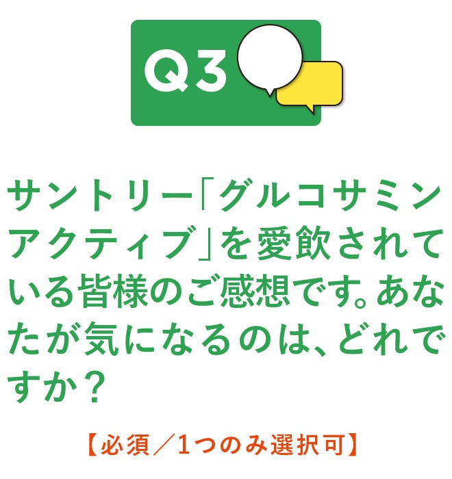 Q3.サントリー「グルコサミン アクティブ」を愛飲されている皆様のご感想です。あなたが気になるのは、どれですか？【必須／1つのみ選択可】