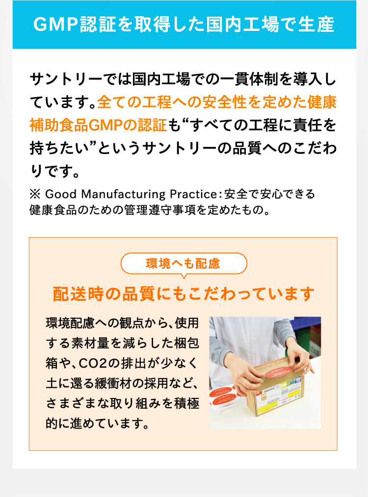 GMP認証を取得した国内工場で生産 サントリーでは国内工場での一貫体制を導入しています。全ての工程への安全性を定めた健康補助食品GMPの認証も“すべての工程に責任を持ちたい”というサントリーの品質へのこだわりです。 環境へも配慮 配送時の品質にもこだわっています 環境配慮への観点から、使用する素材量を減らした梱包箱や、CO2の排出が少なく土に還る緩衝材の採用など、さまざまな取り組みを積極的に進めています。