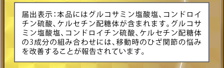 届出表示：本品にはグルコサミン塩酸塩、コンドロイチン硫酸、ケルセチン配糖体が含まれます。グルコサミン塩酸塩、コンドロイチン硫酸、ケルセチン配糖体の3成分の組み合わせには、移動時のひざ関節の悩みを改善することが報告されています。