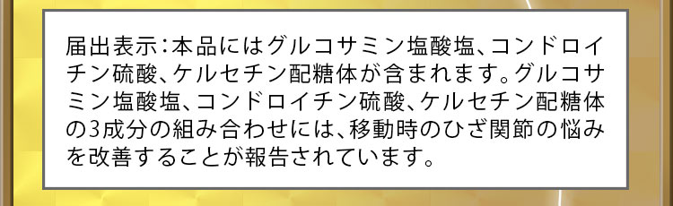 届出表示：本品にはグルコサミン塩酸塩、コンドロイチン硫酸、ケルセチン配糖体が含まれます。グルコサミン塩酸塩、コンドロイチン硫酸、ケルセチン配糖体の3成分の組み合わせには、移動時のひざ関節の悩みを改善することが報告されています。