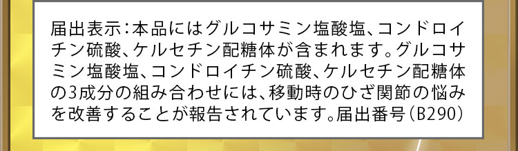 届出表示：本品にはグルコサミン塩酸塩、コンドロイチン硫酸、ケルセチン配糖体が含まれます。グルコサミン塩酸塩、コンドロイチン硫酸、ケルセチン配糖体の3成分の組み合わせには、移動時のひざ関節の悩みを改善することが報告されています。届出番号（B290）