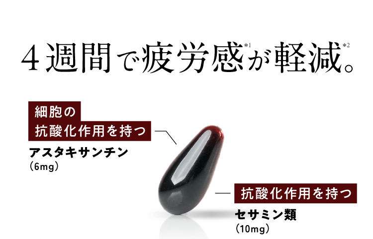 4週間で疲労感が軽減。細胞の抗酸化作用を持つアスタキサンチン（6mg）抗酸化作用を持つセサミン類（10mg）