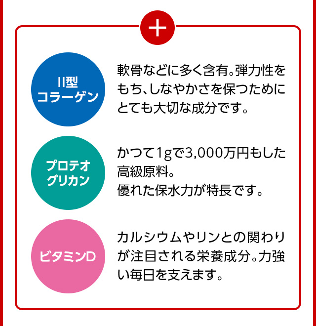 II型コラーゲン 軟骨などに多く含有。弾力性をもち、しなやかさを保つためにとても大切な成分です。プロテオグリカン かつて1gで3,000万円もした高級原料。優れた保水力が特長です。ビタミンD カルシウムやリンとの関わりが注目される栄養成分。力強い毎日を支えます。