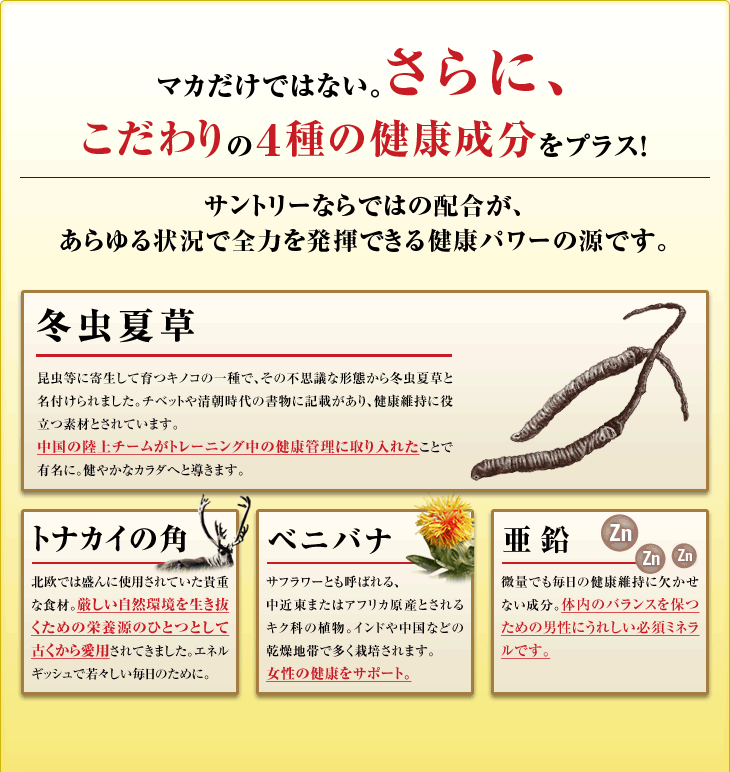 マカだけではない。さらに、こだわりの4.種の健康成分をプラス！サントリーならではの配合が、あらゆる状況で全力を発揮できる健康パワーの源です。冬虫夏草　トナカイの角　ベニバナ　亜鉛