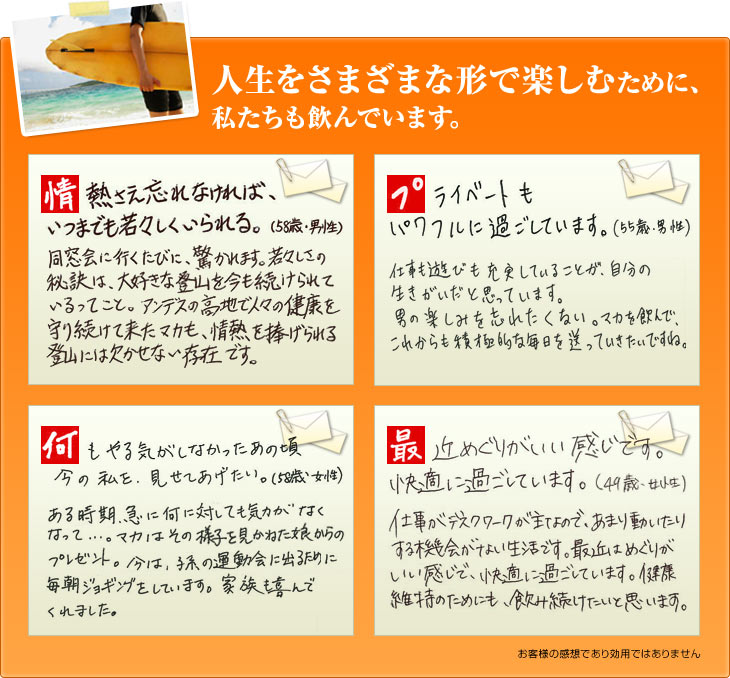 人生をさまざまな形で楽しむために、私たちも飲んでいます。　情熱さえ忘れなければ、いつまでも若々しくいられる。（58歳・男性）プライベートもパワフルに過ごしています。（55歳・男性）何もやる気がしなかったあの頃、今の私を、見せてあげたい。（58歳・女性）最近めぐりがいい感じです。快適に過ごしています。（49歳・女性）お客様の感想であり効用ではありません