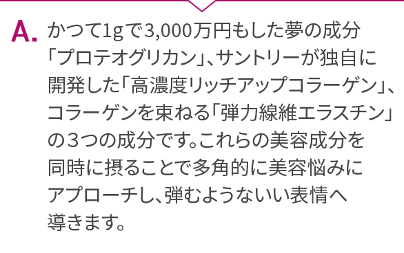 A.かつて1gで3,000万円もした夢の成分「プロテオグリカン」、サントリーが独自に開発した「高濃度リッチアップコラーゲン」、コラーゲンを束ねる「弾力線維エラスチン」の３つの成分です。これらの美容成分を同時に摂ることで多角的に美容悩みにアプローチし、弾むようないい表情へ導きます。