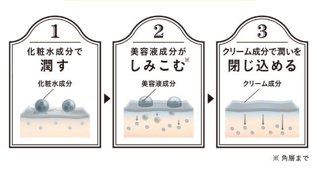 1.化粧水成分で潤す 2.美容液成分がしみこむ※ 3.クリーム成分で潤いを閉じ込める ※角層まで