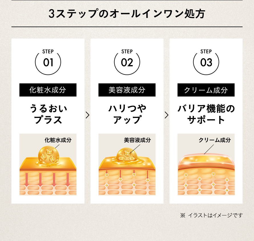 3ステップのオールインワン処方 「化粧水成分」うるおいプラス 「美容液成分」ハリつやアップ 「クリーム成分」バリア機能のサポート