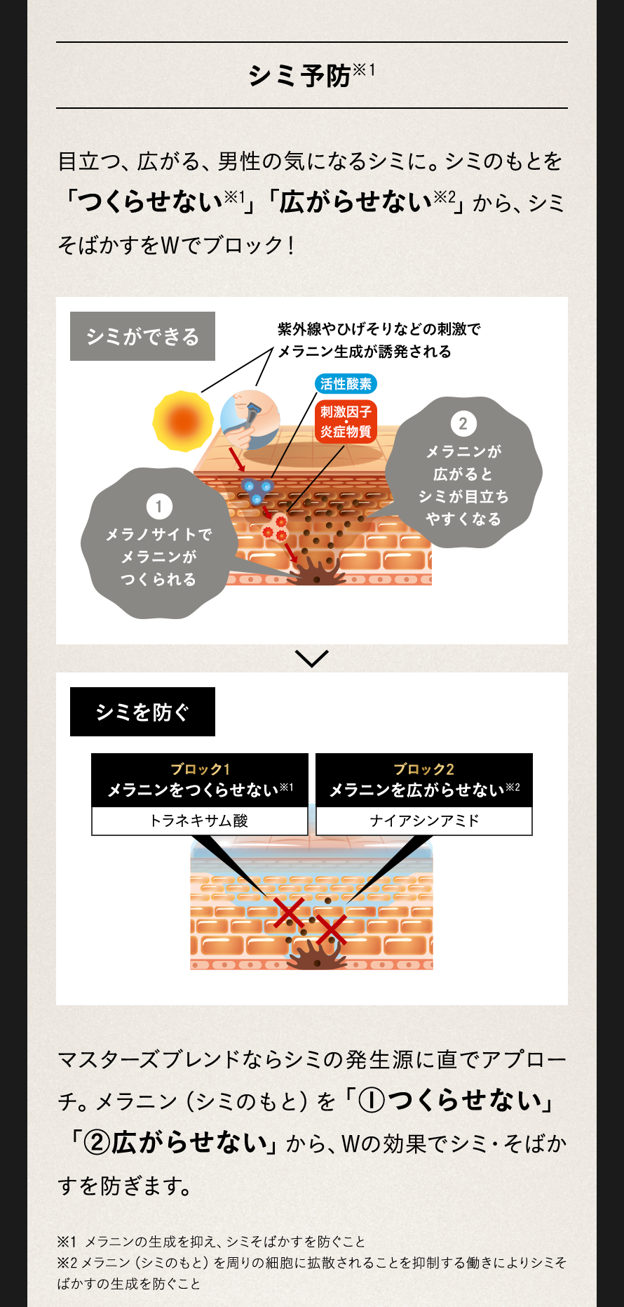 シミ予防 目立つ、広がる、男性の気になるシミに。シミのもとを「つくらせない」「広がらせない」から、シミそばかすをWでブロック！