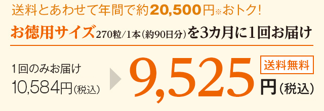 送料とあわせて年間で約20,500円※おトク! お徳用サイズ270粒/1本（約90日分）を3カ月に1回お届け 1回のみお届け10,584円（税込）が9,525円（税込） 送料無料