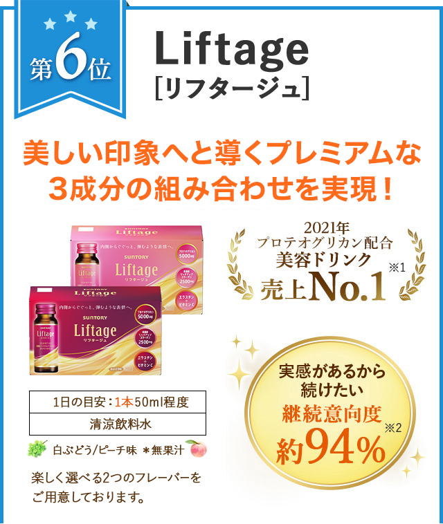 第6位　Liftage[リフタージュ]　美しい印象へと導くプレミアムな3成分の組み合わせを実現！1日の目安：1本50ml程度 清涼飲料水 白ぶどう味／ピーチ味 ※無果汁 楽しく選べる2つのフレーバーをご用意しております。