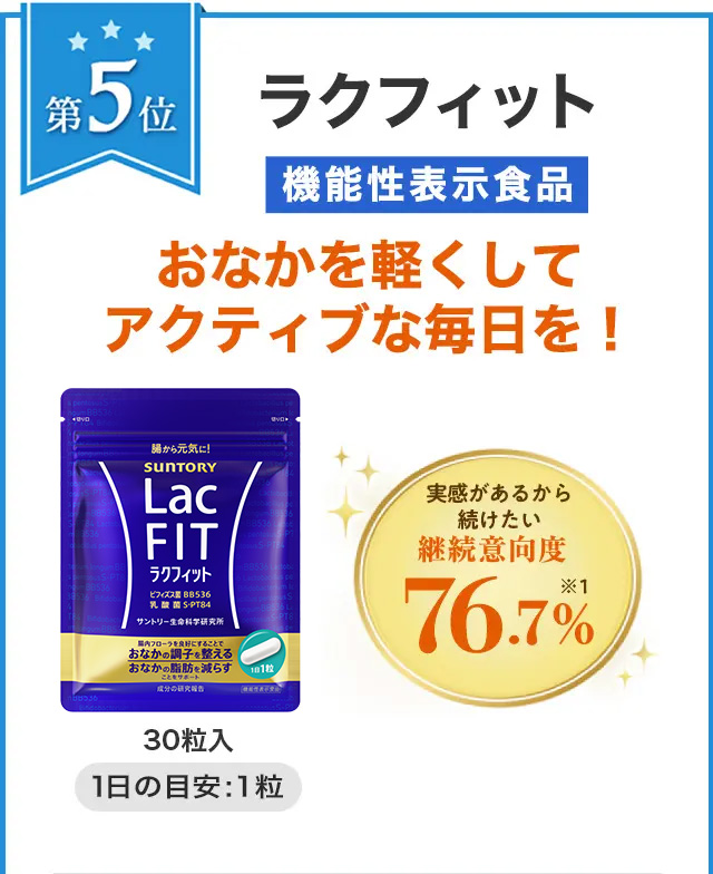 第5位 ラクフィット 機能性表示食品 おなかを軽くしてアクティブな毎日を! 30粒入 1日の目安:1粒