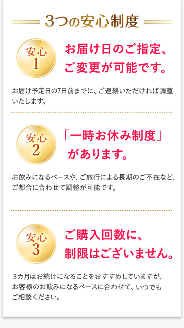 3つの安心制度 安心1 お届け日のご指定、ご変更が可能です。 お届け予定日の7日前までに、ご連絡いただければ調整いたします。 安心2 「一時お休み制度」があります。 お飲みになるペースや、ご旅行による長期のご不在など、ご都合に合わせて調整が可能です。 安心3 ご購入回数に、制限はございません。 3カ月はお続けになることをおすすめしていますが、お客様のお飲みになるペースに合わせて、いつでもご相談ください。