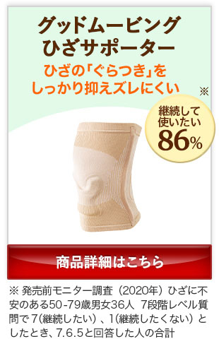 グッドムービングひざサポーター ひざの「ぐらつき」を しっかり抑えズレにくい 商品詳細はこちら
